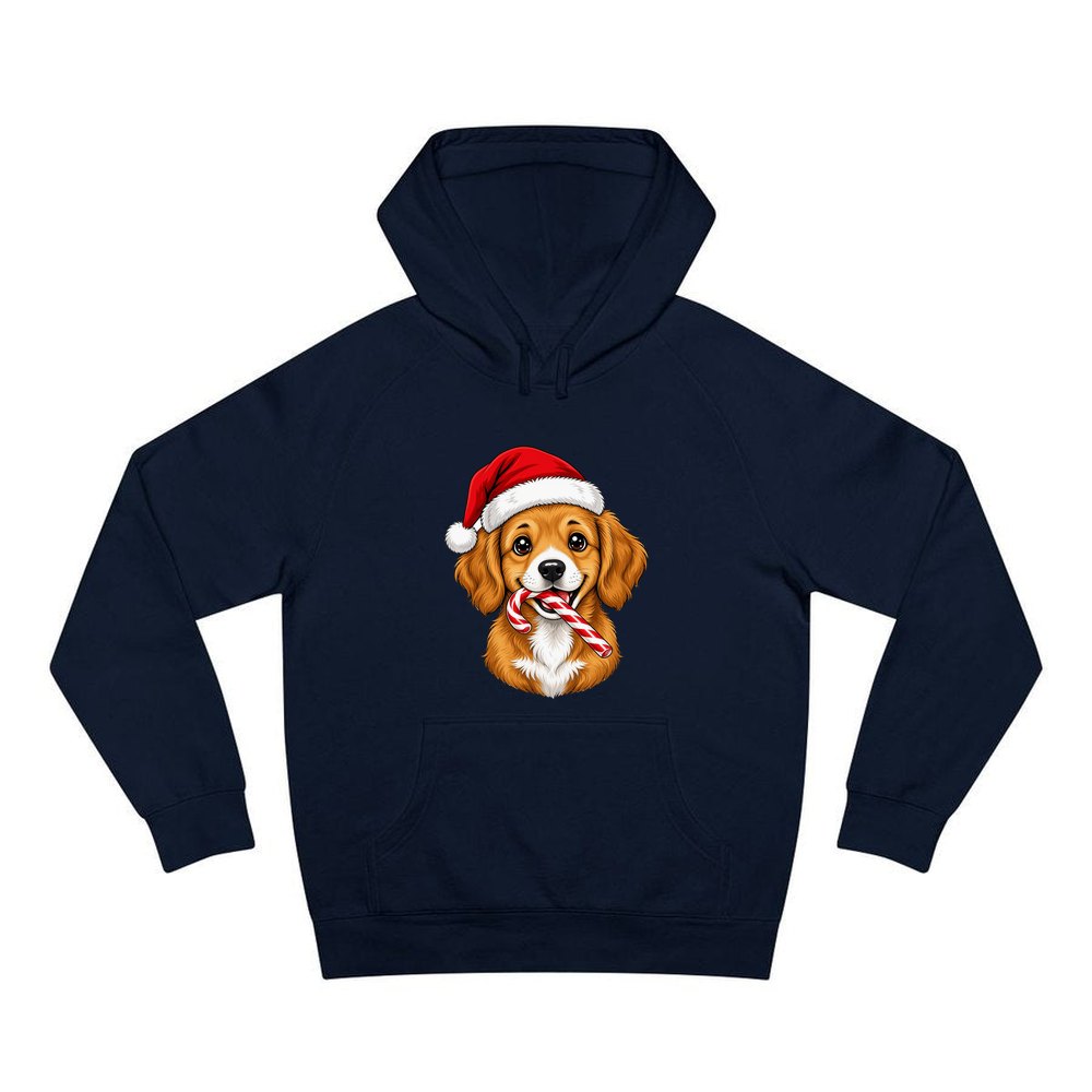 Santa Hat Puppy With Candy Cane personalised Christmas hoodie in navy