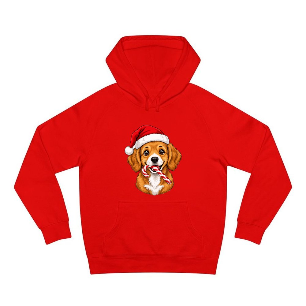 Santa Hat Puppy With Candy Cane personalised Christmas hoodie in red