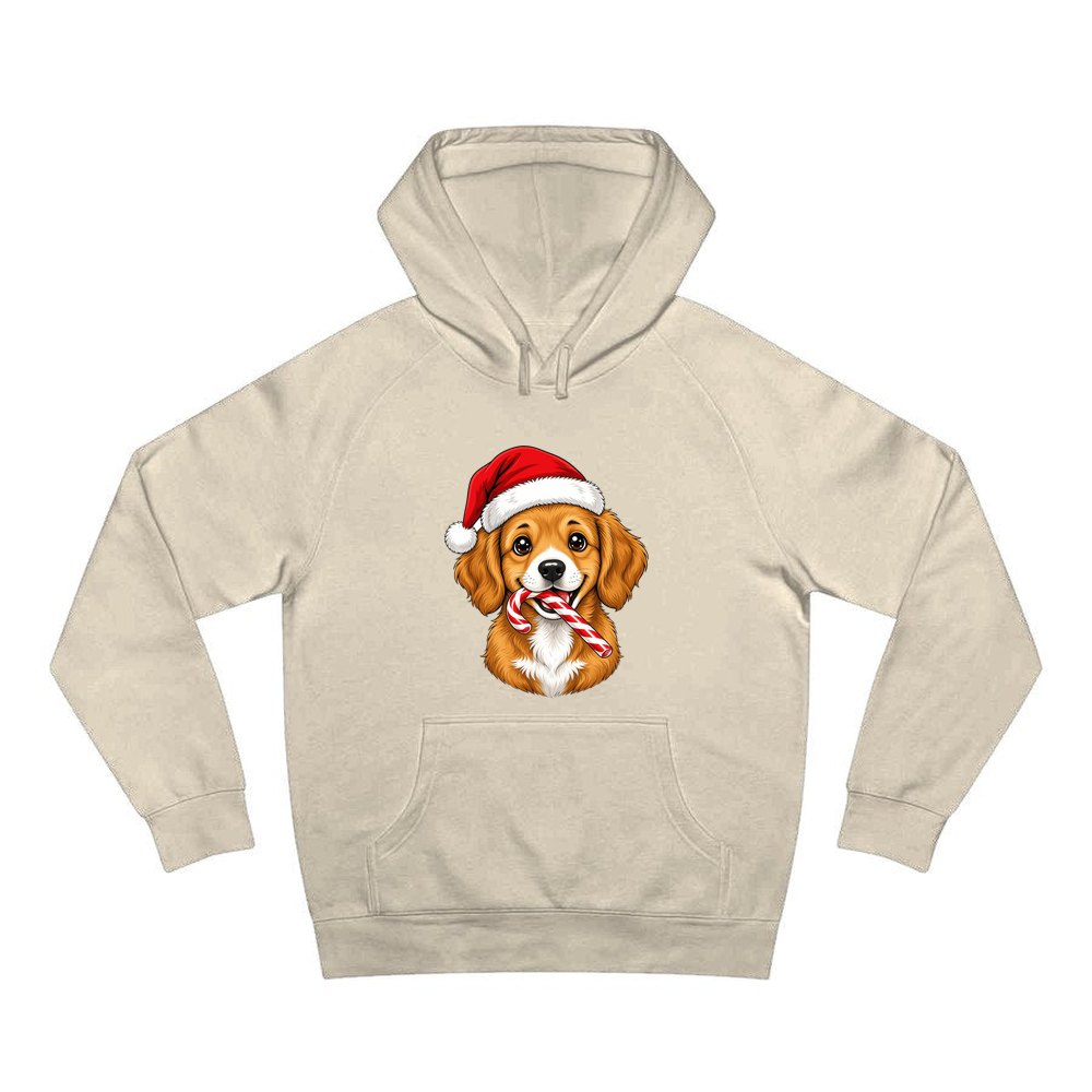 Santa Hat Puppy With Candy Cane personalised Christmas hoodie in sand