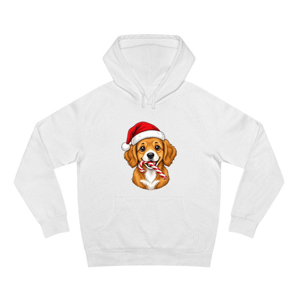 Santa Hat Puppy With Candy Cane personalised Christmas hoodie in white