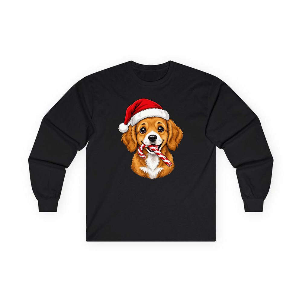 Santa Hat Puppy With Candy Cane personalised long sleeve Christmas T-shirt in black