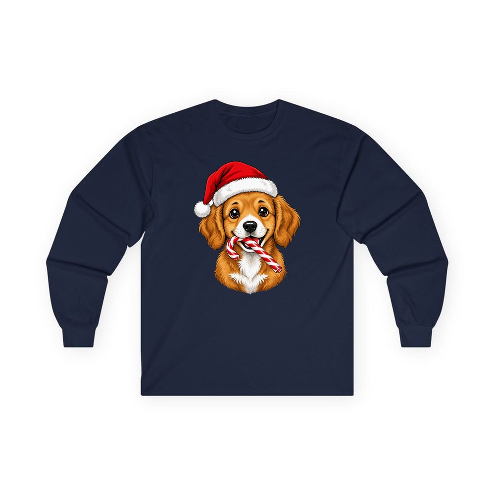 Santa Hat Puppy With Candy Cane personalised long sleeve Christmas T-shirt in navy