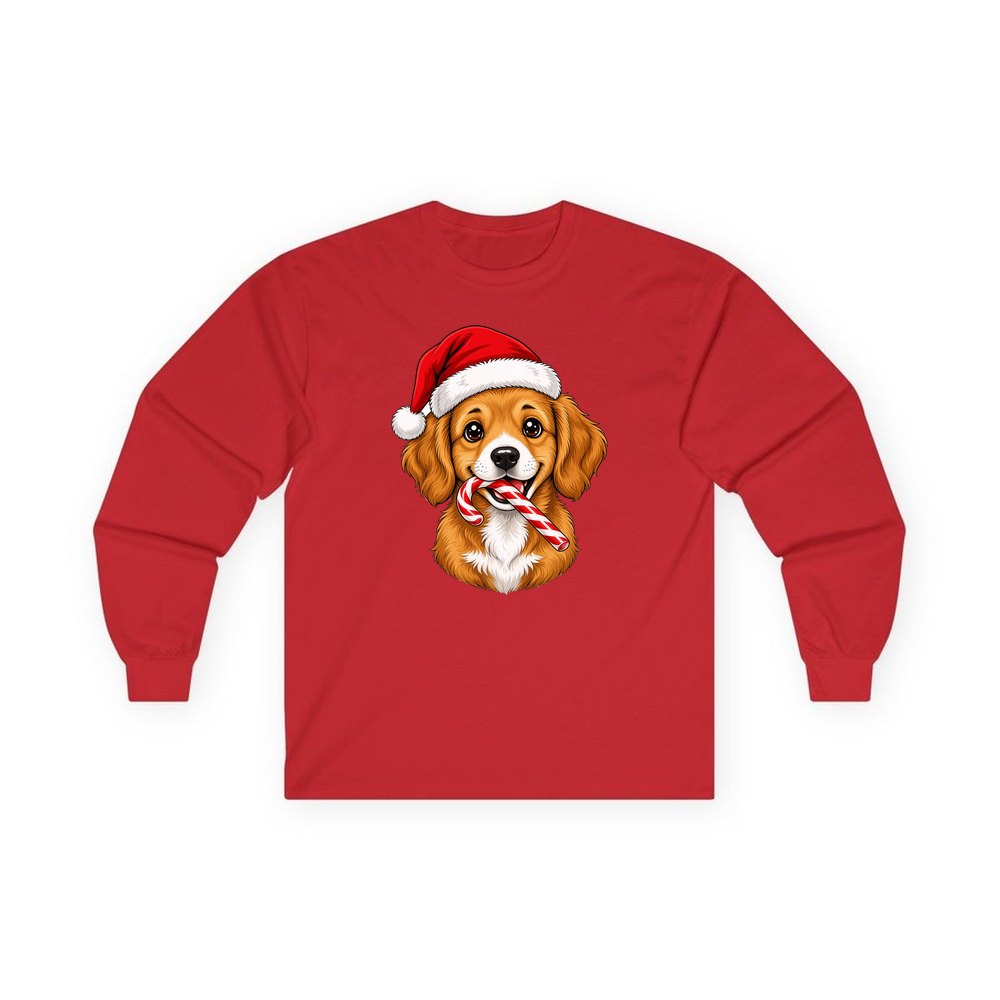 Santa Hat Puppy With Candy Cane personalised long sleeve Christmas T-shirt in red