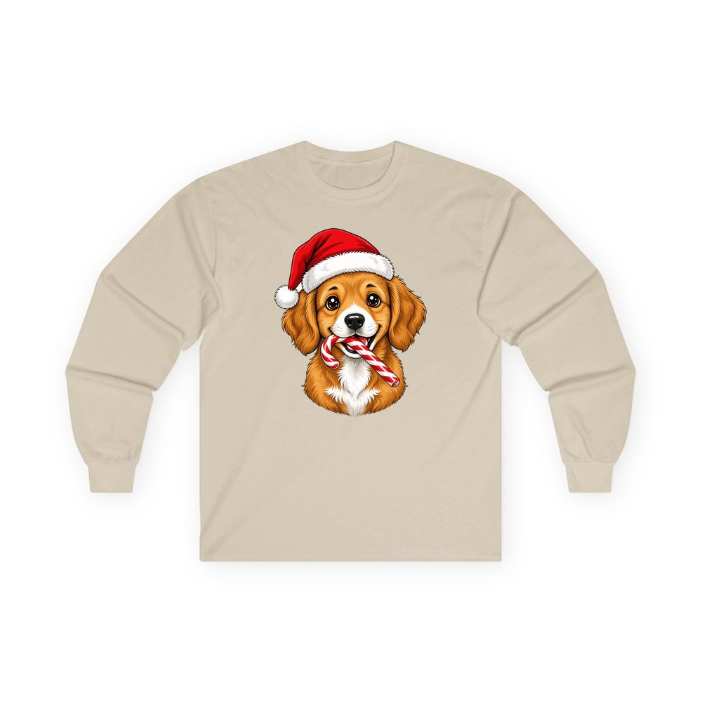 Santa Hat Puppy With Candy Cane personalised long sleeve Christmas T-shirt in sand