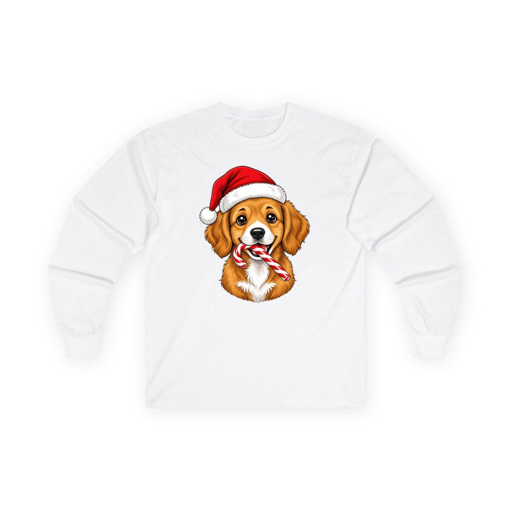 Santa Hat Puppy With Candy Cane personalised long sleeve Christmas T-shirt in white