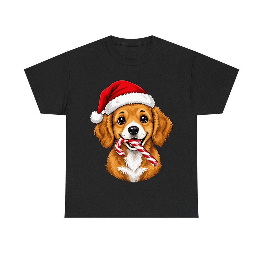 Santa Hat Puppy With Candy Cane personalised Christmas T-shirt in black