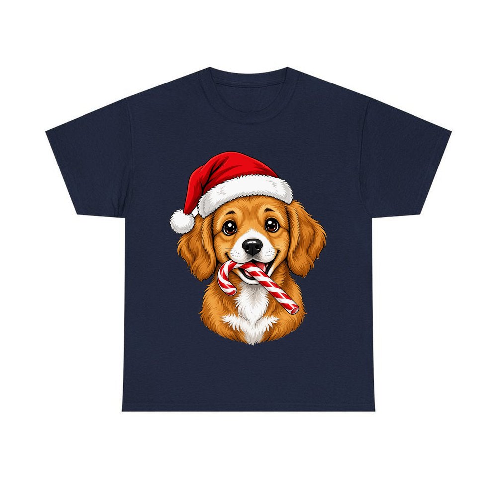 Santa Hat Puppy With Candy Cane personalised Christmas T-shirt in navy