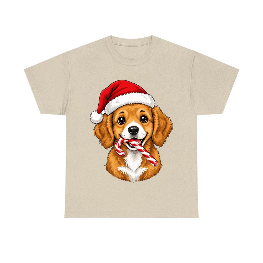 Santa Hat Puppy With Candy Cane personalised Christmas T-shirt in sand