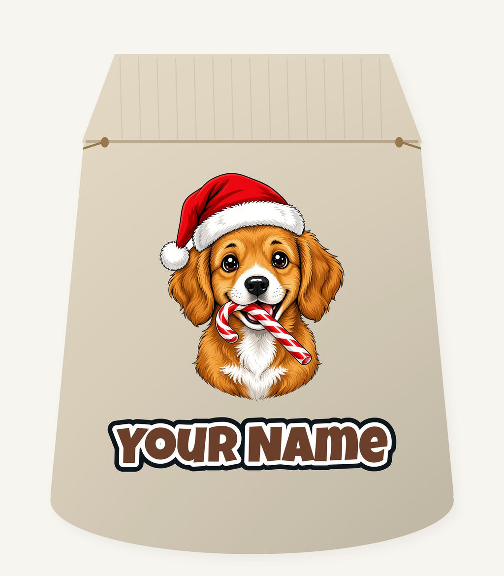 Santa Hat Puppy With Candy Cane Personalised Santa Sack