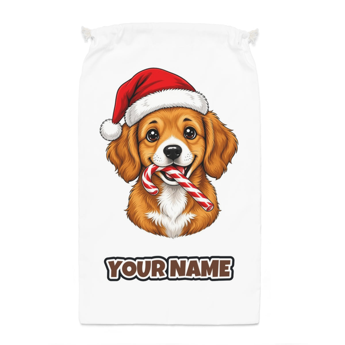 Santa Hat Puppy With Candy Cane Santa sack laid flat, showing the full print