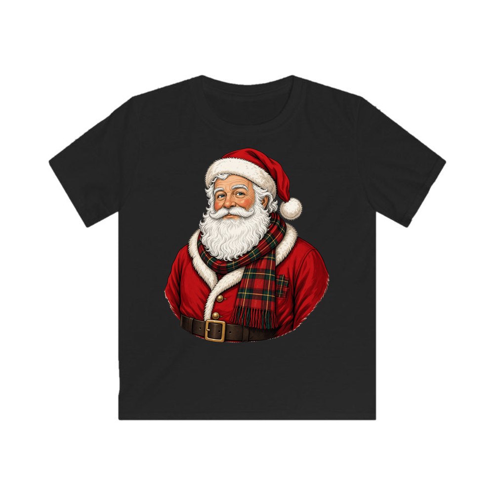 Santa in Tartan Scarf personalised kids Christmas tee in black