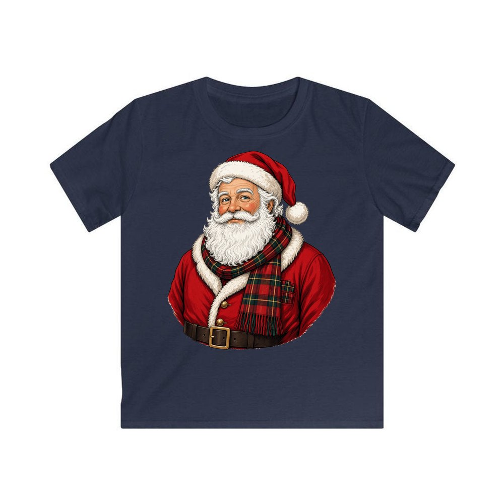 Santa in Tartan Scarf personalised kids Christmas tee in navy