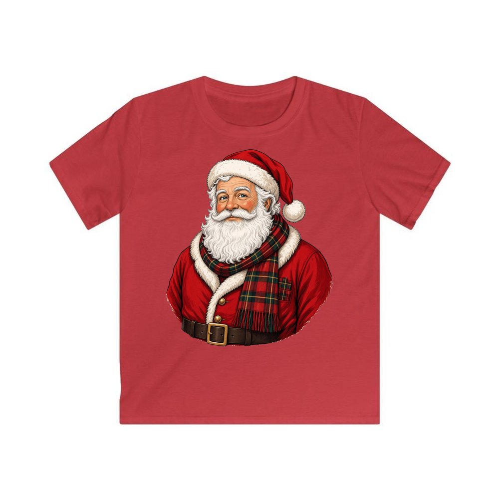 Santa in Tartan Scarf personalised kids Christmas tee in red