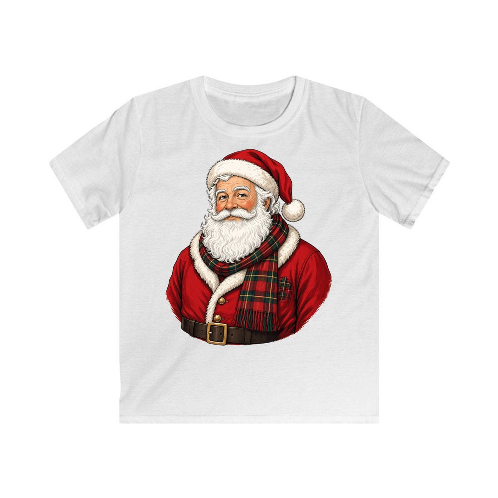 Santa in Tartan Scarf personalised kids Christmas tee in white