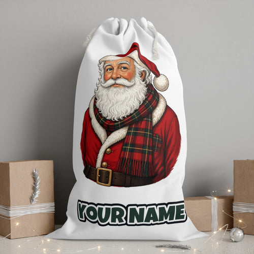 Santa in Tartan Scarf personalised Santa sack, white, with the name printed under the artwork