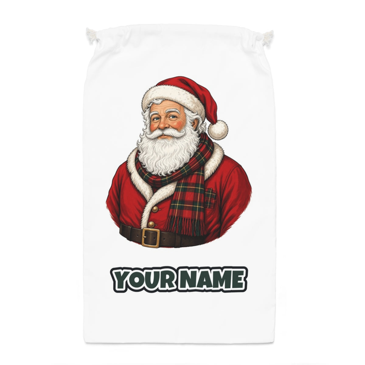 Santa in Tartan Scarf Santa sack laid flat, showing the full print