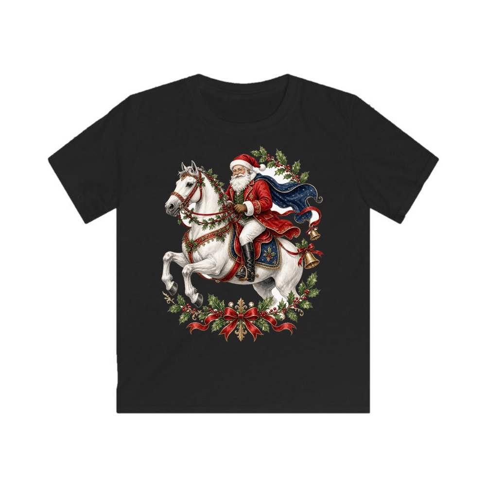 Santa on a White Horse personalised kids Christmas tee in black