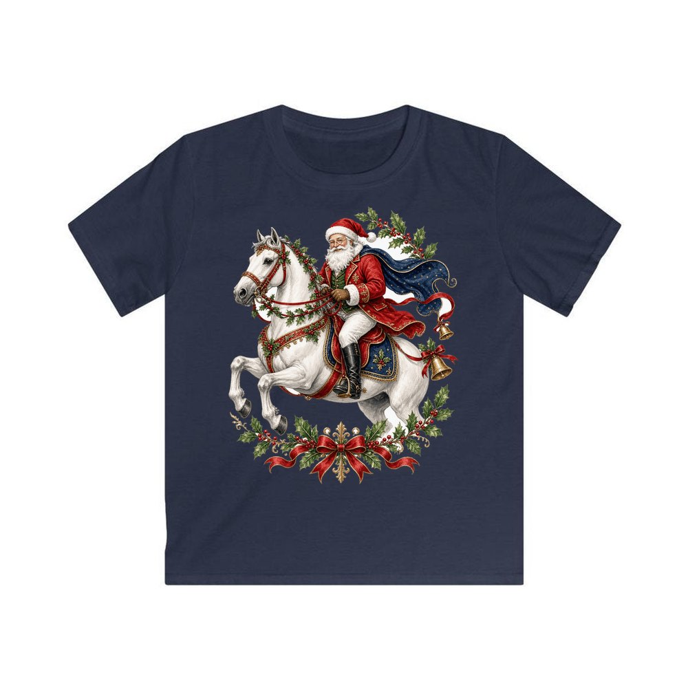 Santa on a White Horse personalised kids Christmas tee in navy