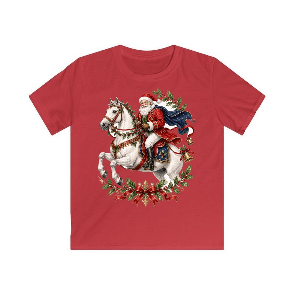 Santa on a White Horse personalised kids Christmas tee in red
