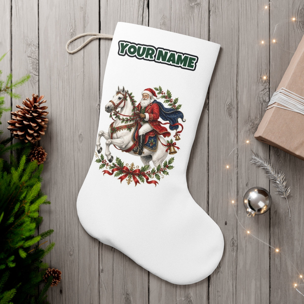 Santa on a White Horse personalised Christmas stocking, white, with the name across the top