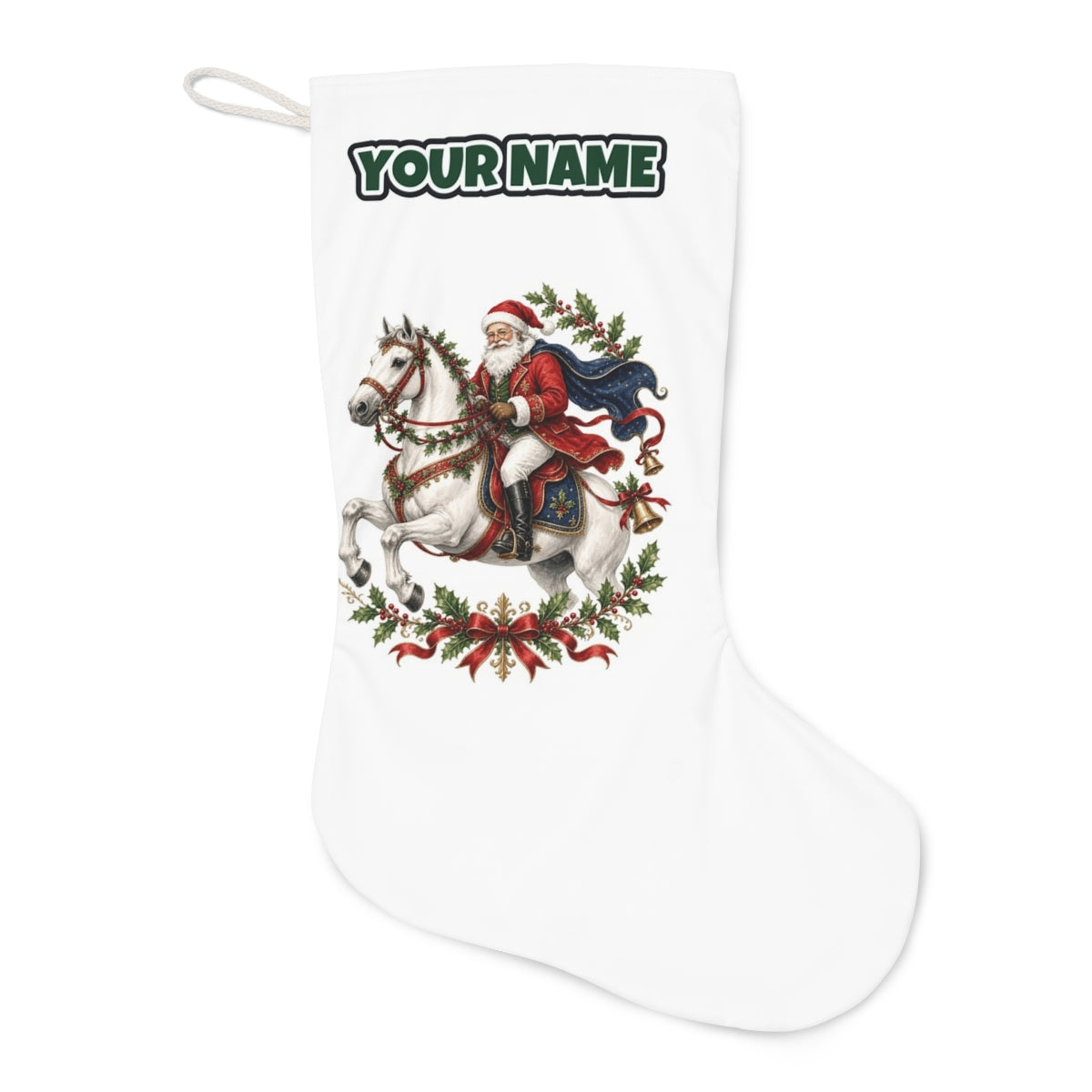 Santa on a White Horse Christmas stocking laid flat, showing the full print
