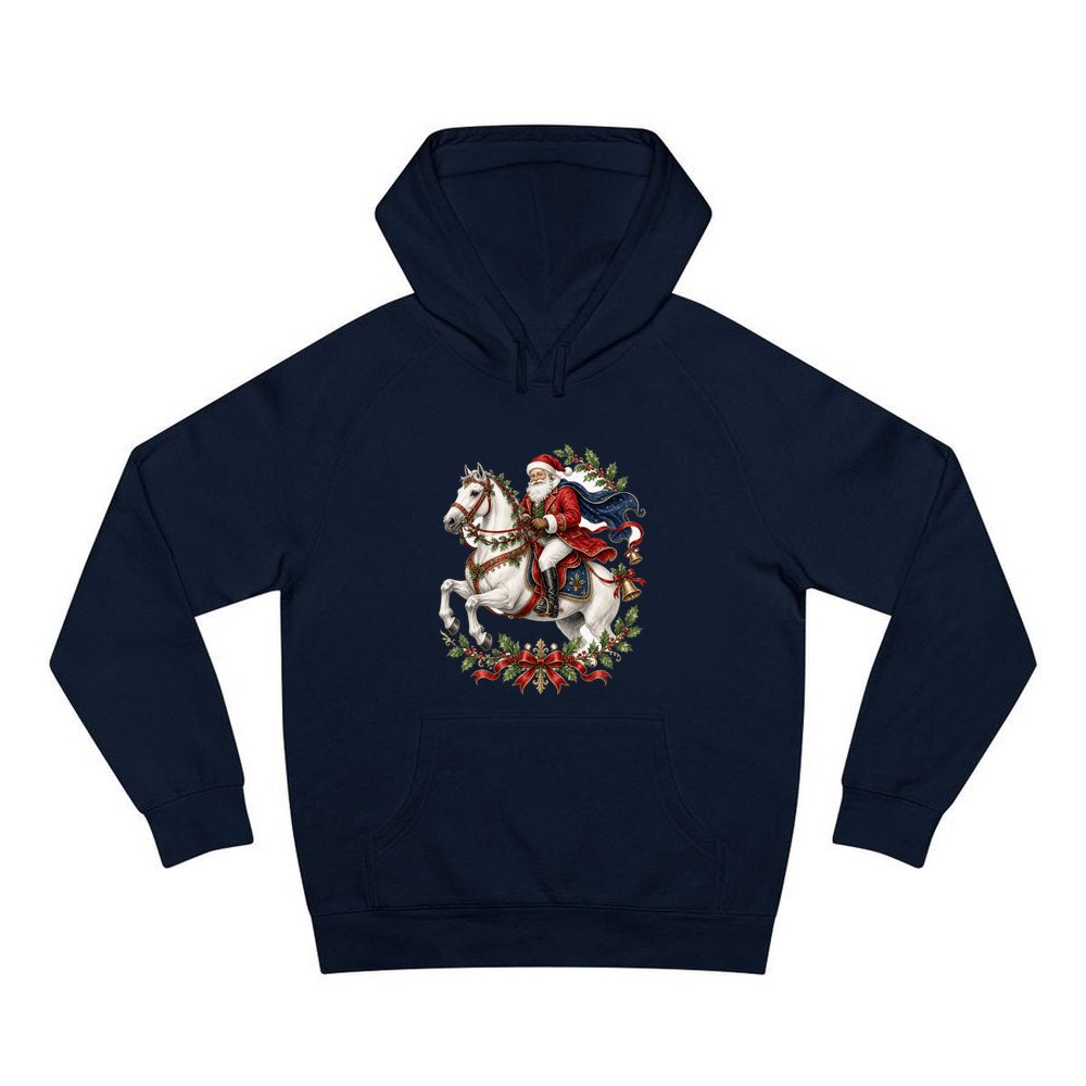 Santa on a White Horse personalised Christmas hoodie in navy