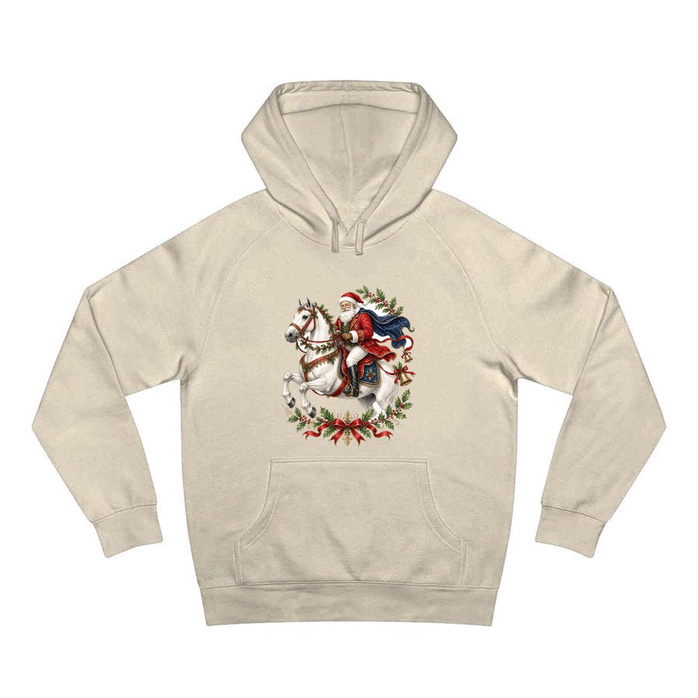 Santa on a White Horse personalised Christmas hoodie in sand