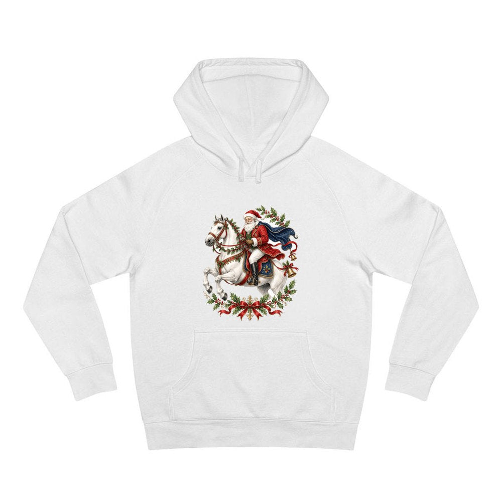 Santa on a White Horse personalised Christmas hoodie in white
