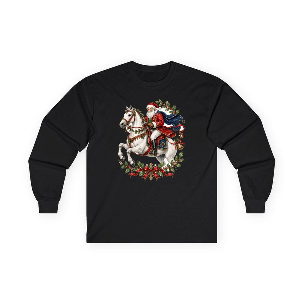 Santa on a White Horse personalised long sleeve Christmas T-shirt in black