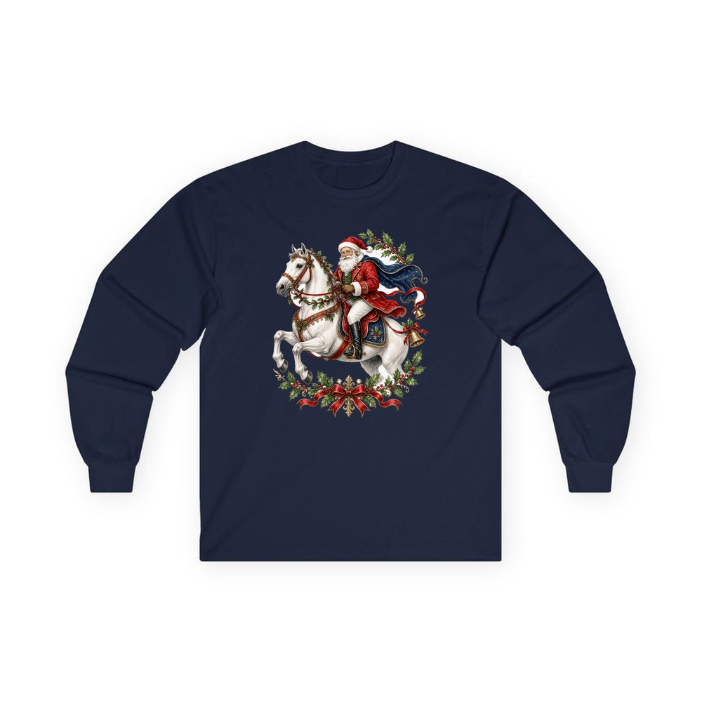 Santa on a White Horse personalised long sleeve Christmas T-shirt in navy