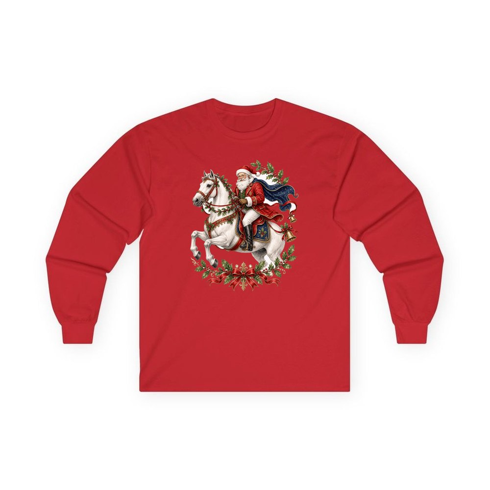 Santa on a White Horse personalised long sleeve Christmas T-shirt in red