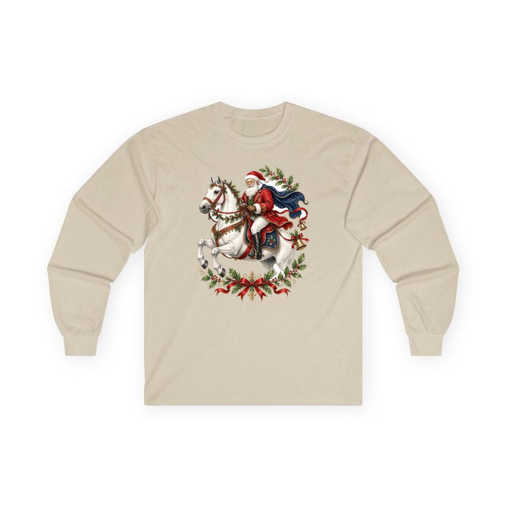 Santa on a White Horse personalised long sleeve Christmas T-shirt in sand