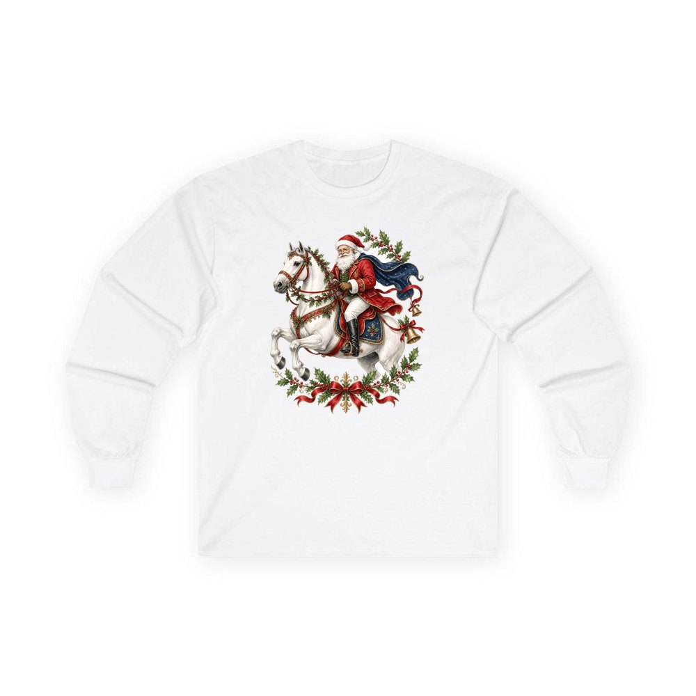 Santa on a White Horse personalised long sleeve Christmas T-shirt in white