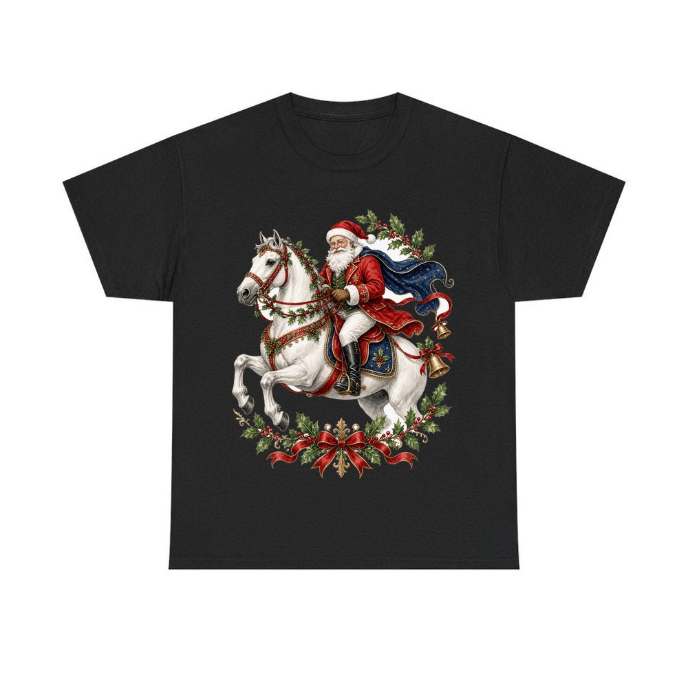 Santa on a White Horse personalised Christmas T-shirt in black