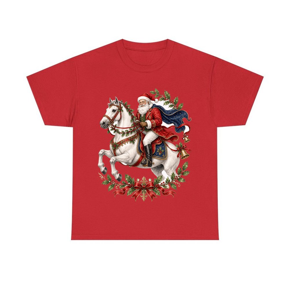 Santa on a White Horse personalised Christmas T-shirt in red