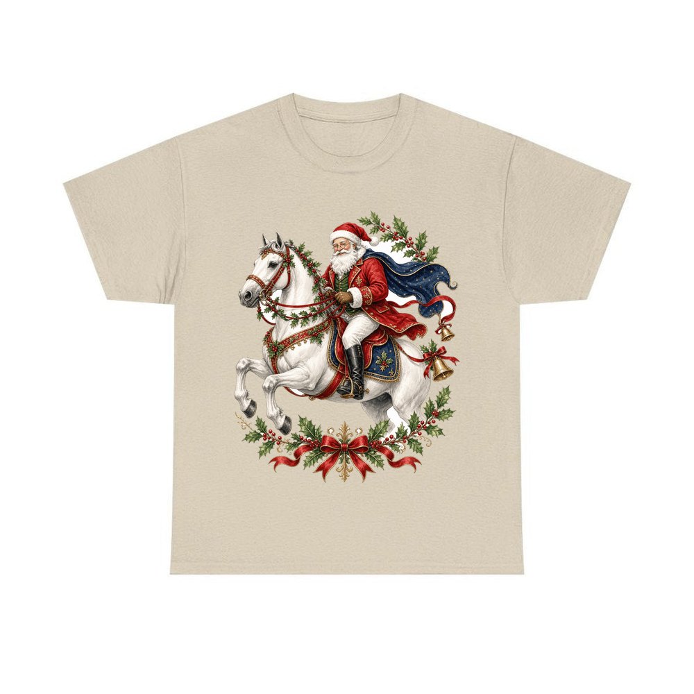 Santa on a White Horse personalised Christmas T-shirt in sand