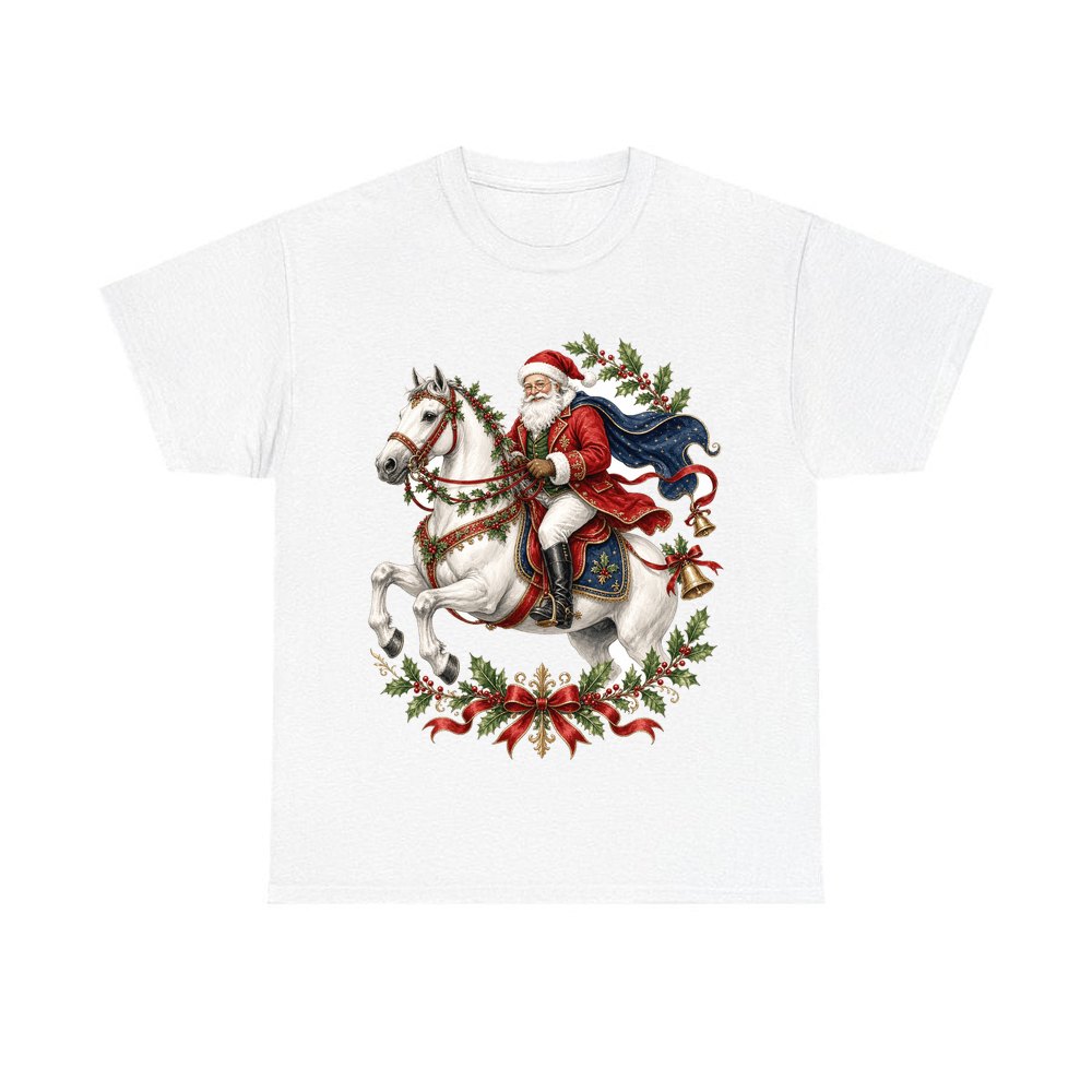 Santa on a White Horse personalised Christmas T-shirt in white