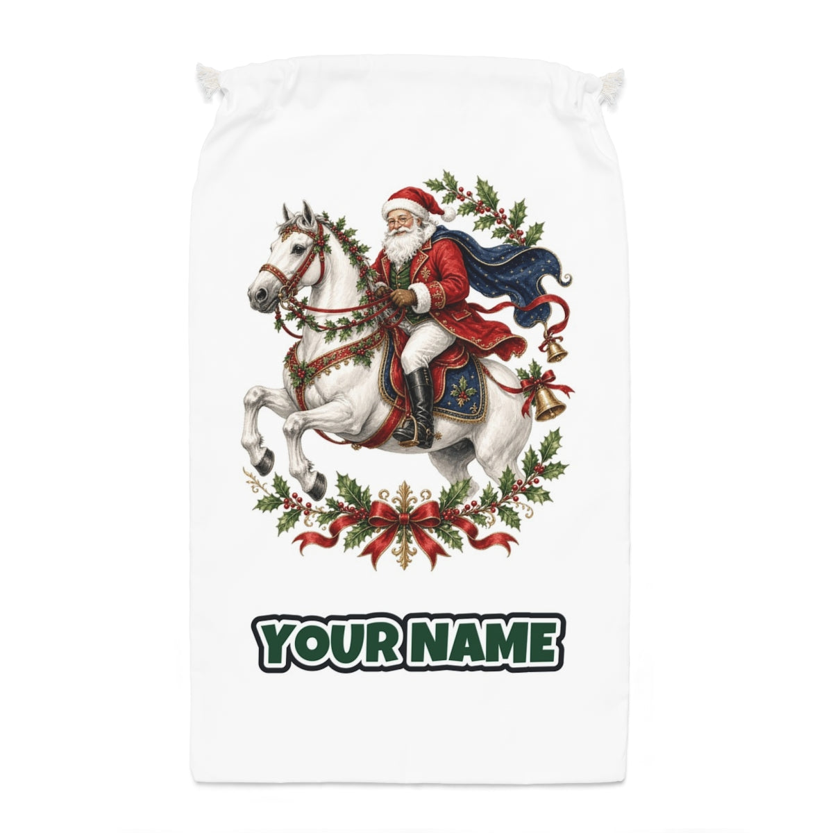 Santa on a White Horse Santa sack laid flat, showing the full print