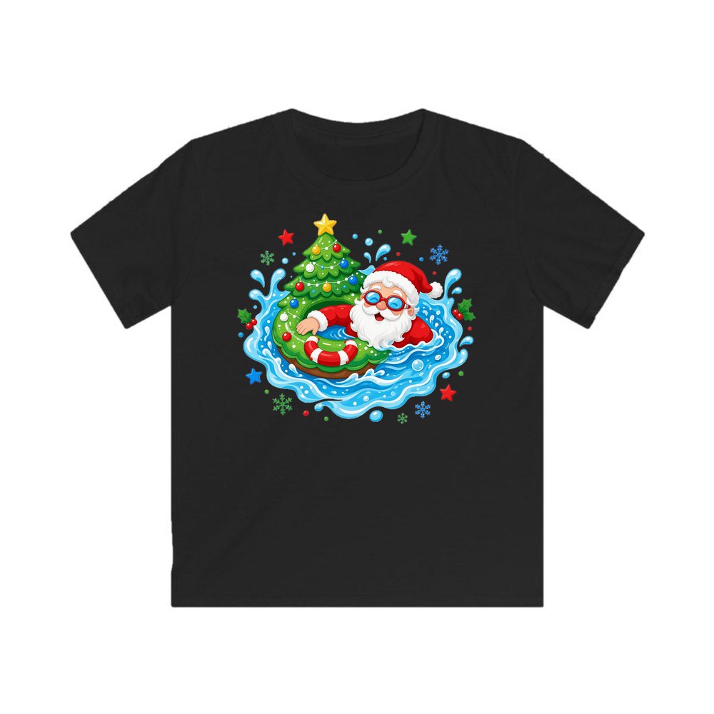 Santa Pool Float Christmas personalised kids Christmas tee in black