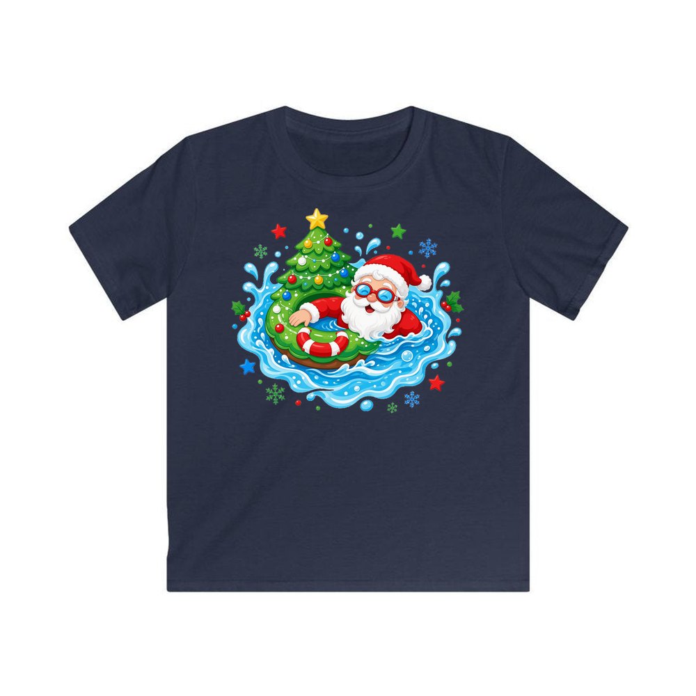 Santa Pool Float Christmas personalised kids Christmas tee in navy