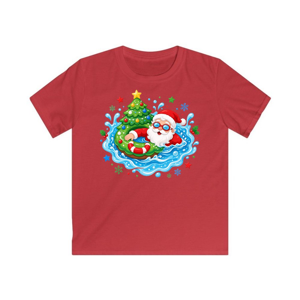 Santa Pool Float Christmas personalised kids Christmas tee in red