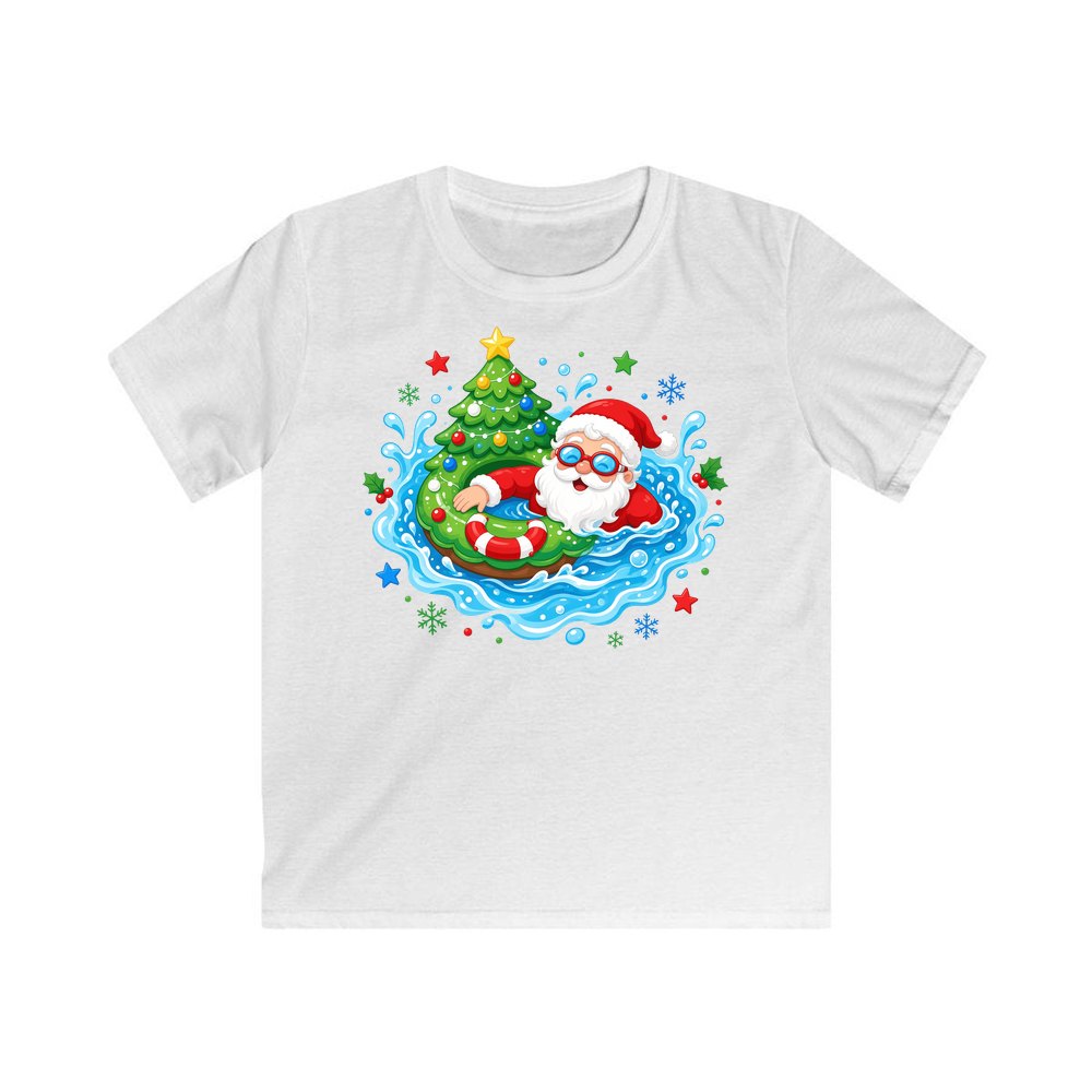 Santa Pool Float Christmas personalised kids Christmas tee in white