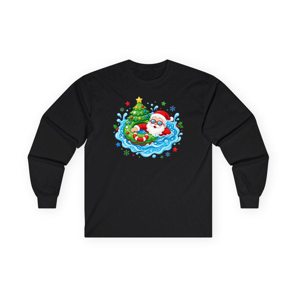 Santa Pool Float Christmas personalised long sleeve Christmas T-shirt in black