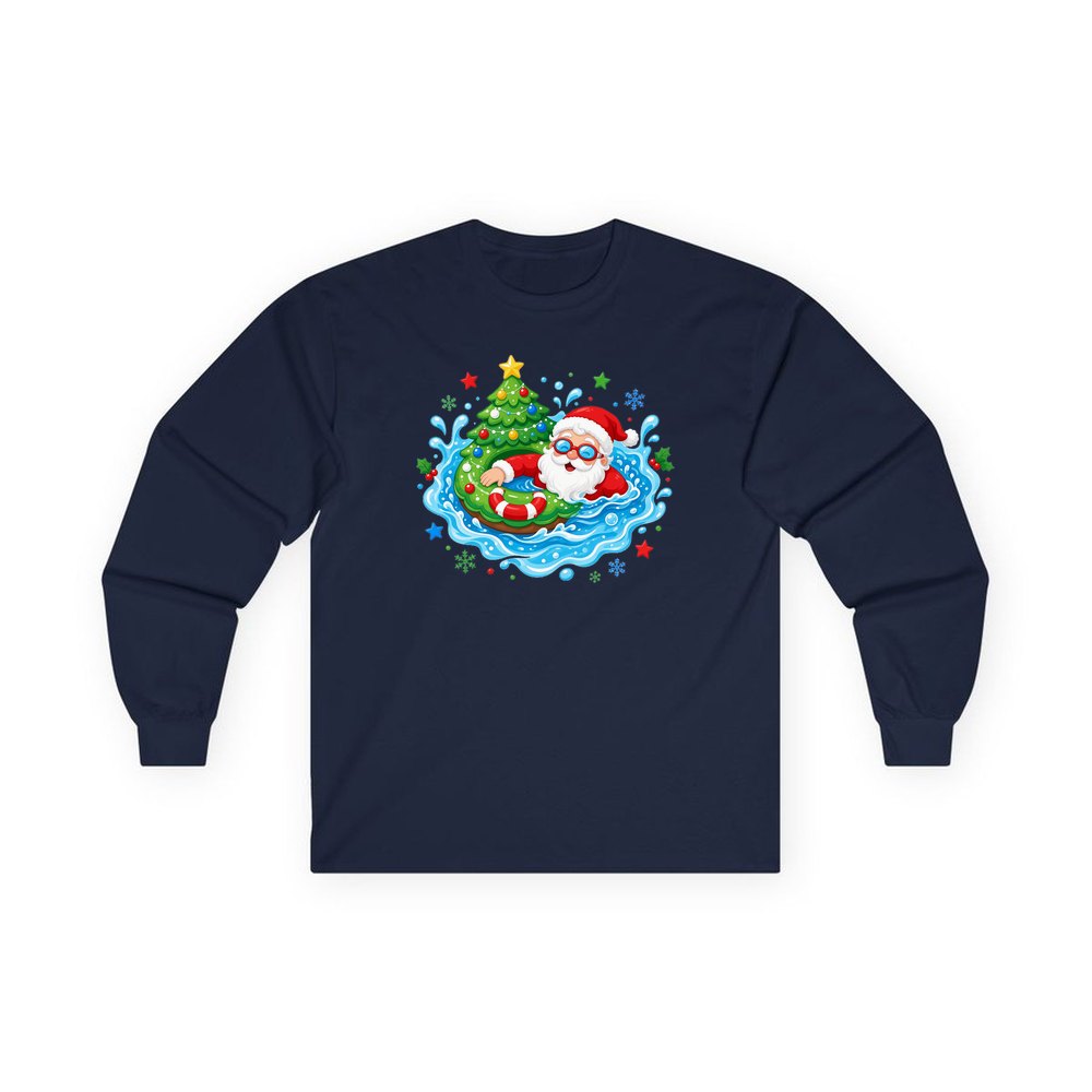 Santa Pool Float Christmas personalised long sleeve Christmas T-shirt in navy