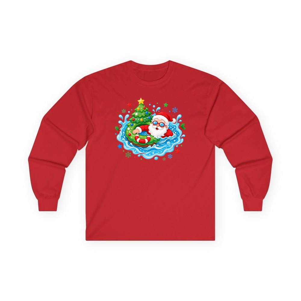 Santa Pool Float Christmas personalised long sleeve Christmas T-shirt in red