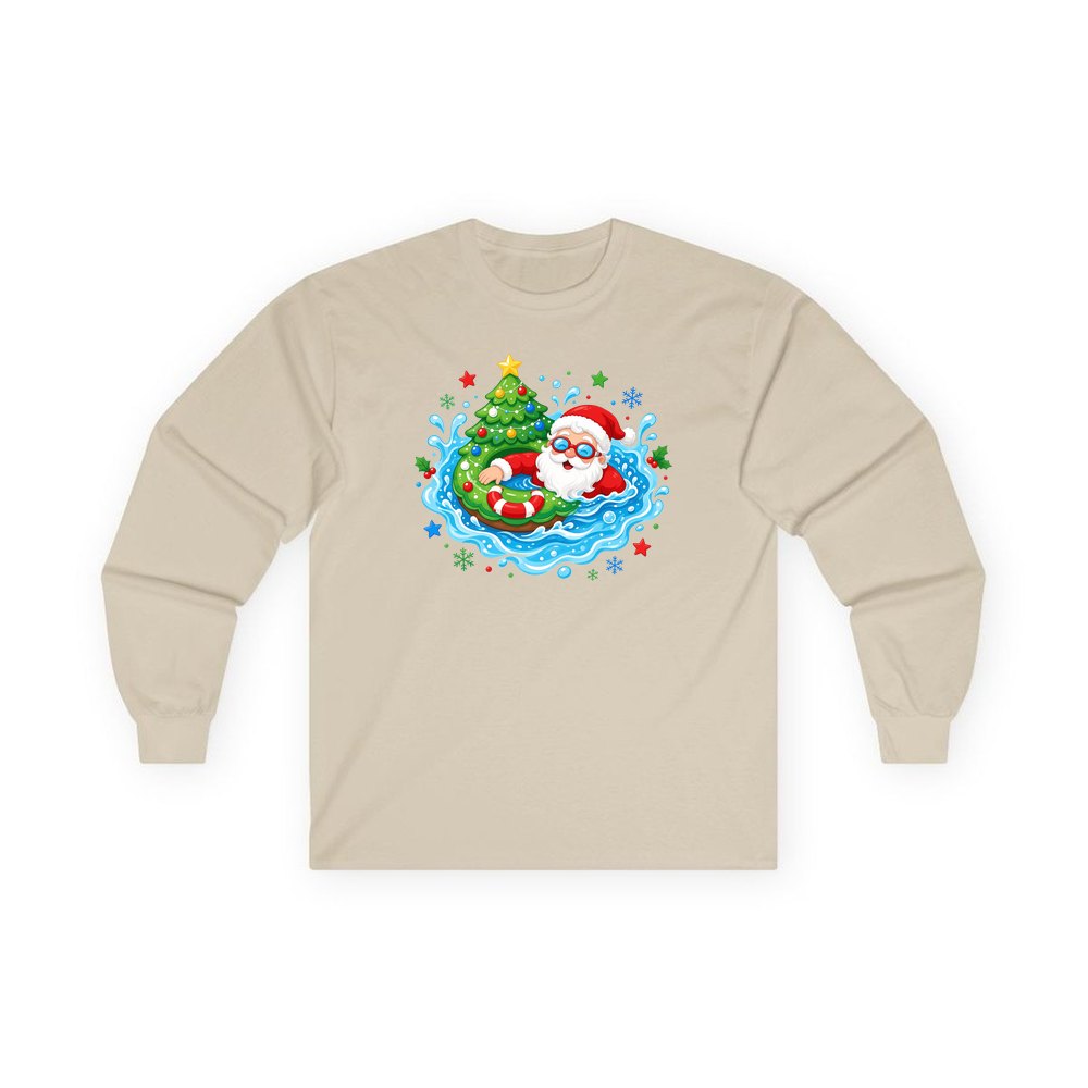 Santa Pool Float Christmas personalised long sleeve Christmas T-shirt in sand