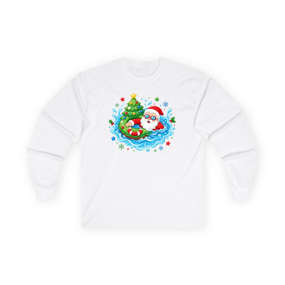 Santa Pool Float Christmas personalised long sleeve Christmas T-shirt in white