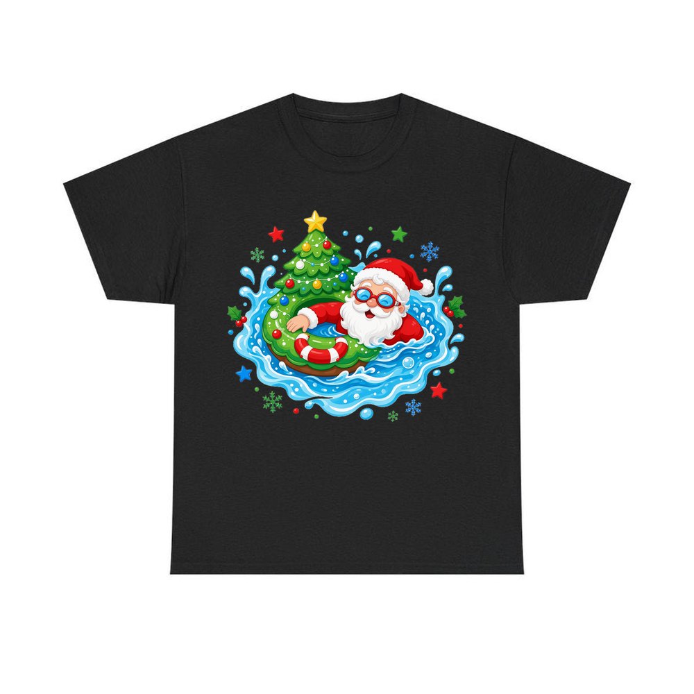 Santa Pool Float Christmas personalised Christmas T-shirt in black