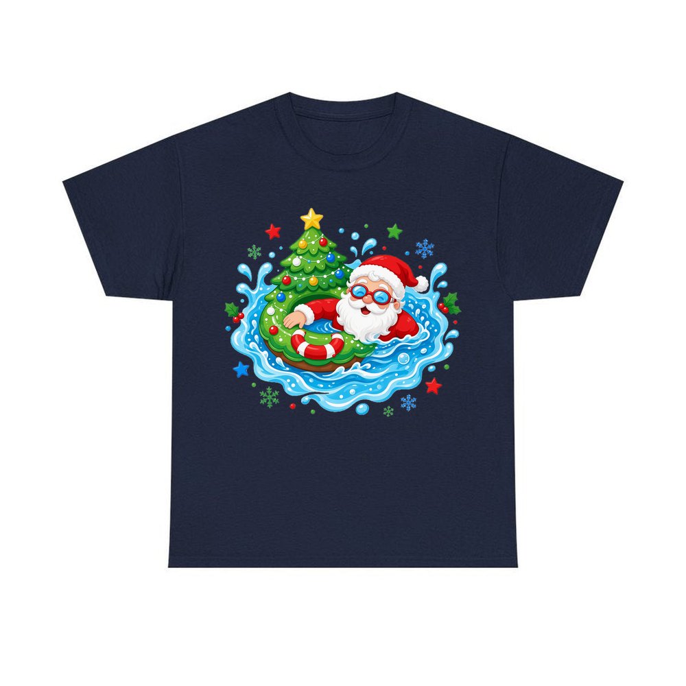 Santa Pool Float Christmas personalised Christmas T-shirt in navy