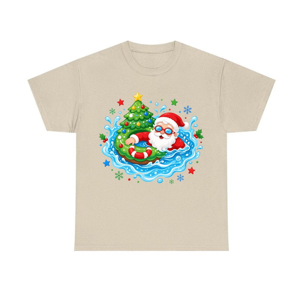 Santa Pool Float Christmas personalised Christmas T-shirt in sand